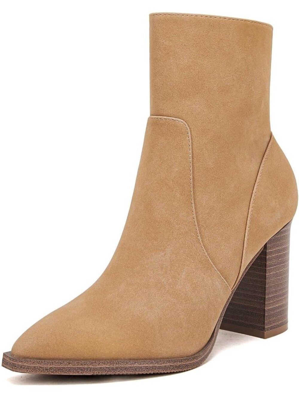 Women's Camel Chunky Stacked Heel Side Zipper Pointed Toe Stylish Ankle Booties